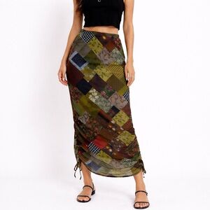Fairycore Patchwork Mesh Maxi Skirt Medium Green Earthy Woodland Boho Festival